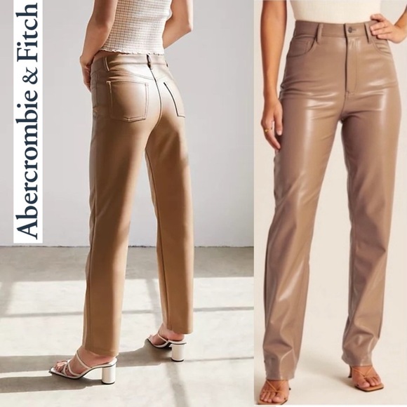 Abercrombie & Fitch 90’s Straight Ultra High Rise Tan Vegan Leather Pants 28 6S - Picture 1 of 10